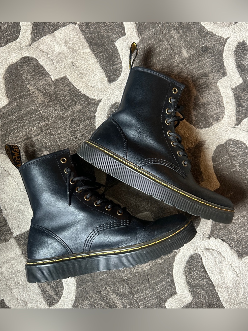 Dr. Martens Black Leather Lace-Up Boots with Yellow Stitching- ladies 9, men’s 8